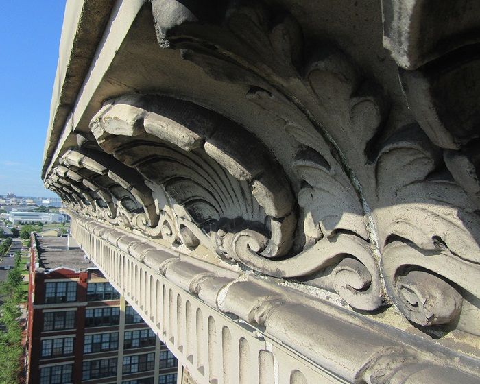 Close-up of Victor Building façade in Camden, NJ | facade restoration | O’Donnell & Naccarato