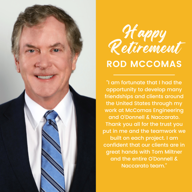 Photo of Rod McComas with message | Rod McComas Retirement | O'Donnell & Naccarato