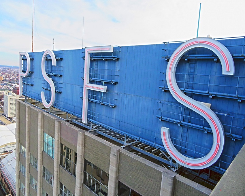 Structural Engineer | Facade Restoration | Loews Philadelphia | Philadelphia, PA | Side view of PSFS sign | O’Donnell & Naccarato